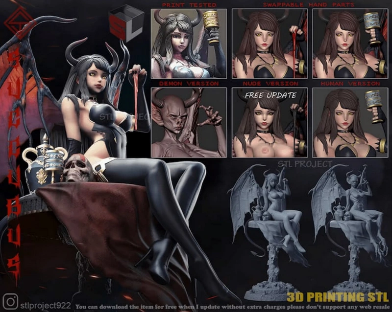 Seated fantasy succubus figure with horns, wings, tail, and ornate costume