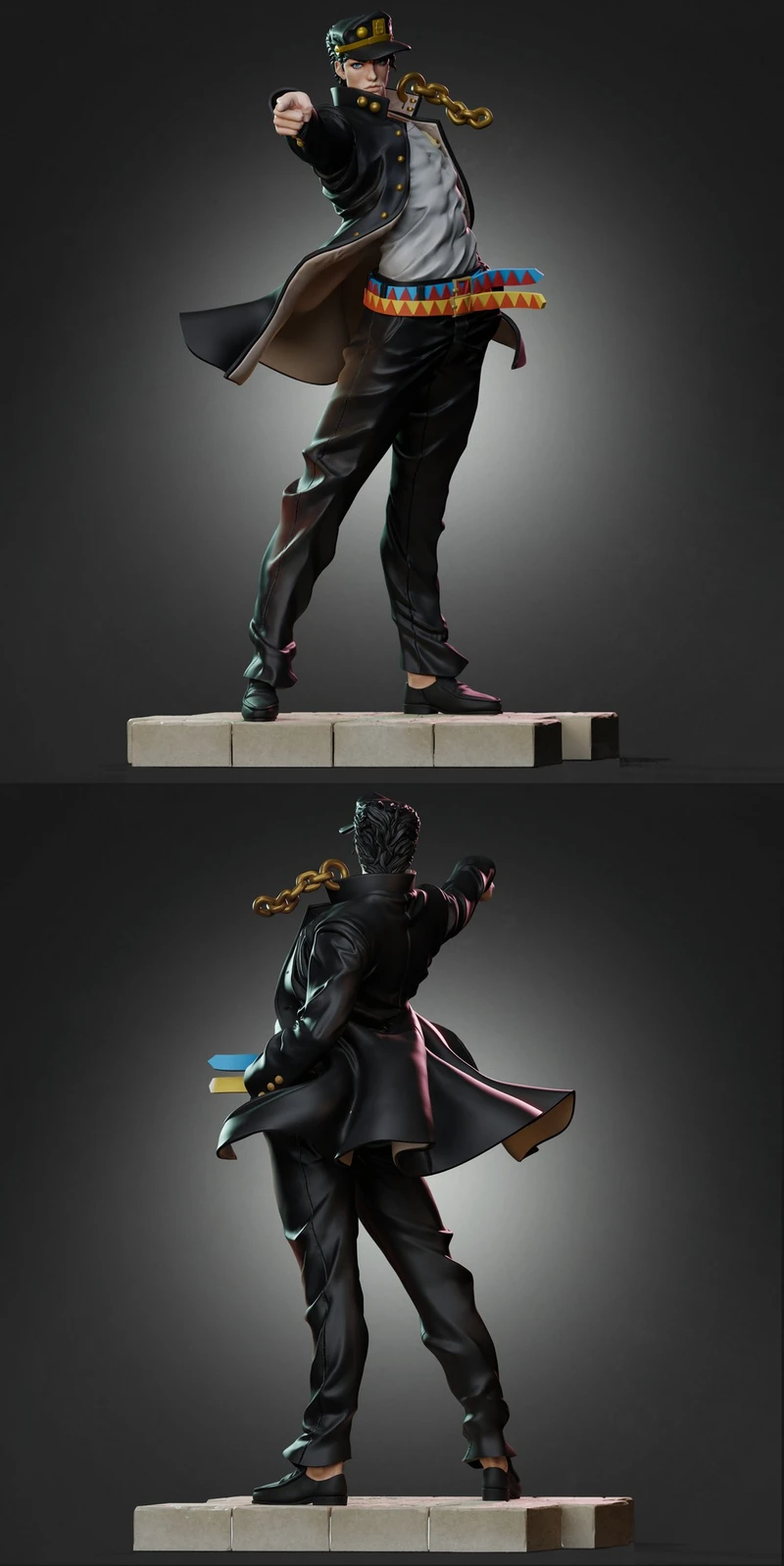 Jotaro Kujo figure in a dark coat, cap, chain, and dynamic pose