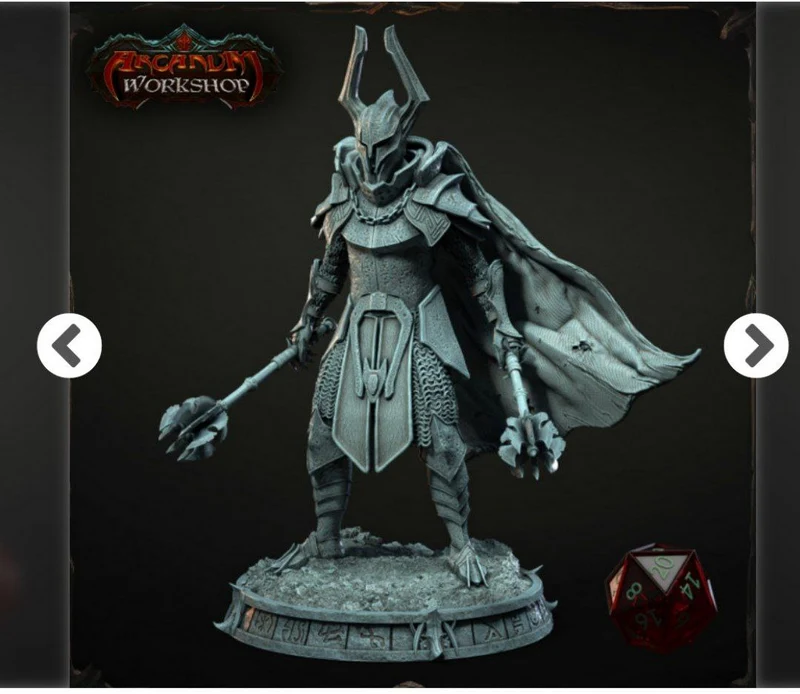Horned fantasy warrior miniature in ornate armor with a cape, weapons, and decorated display base