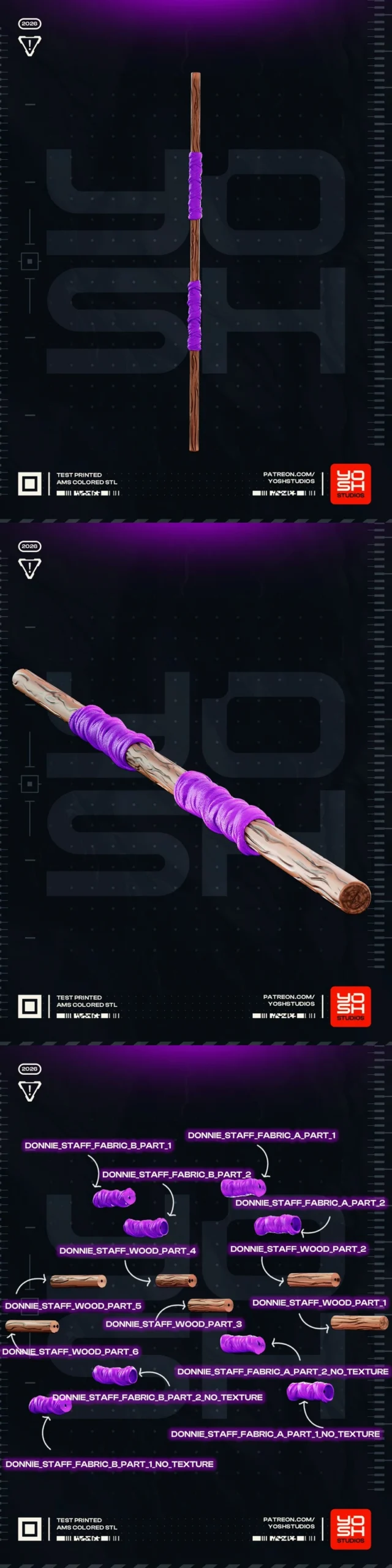 Donatello staff 3D model with wood-grain shaft and purple wraps