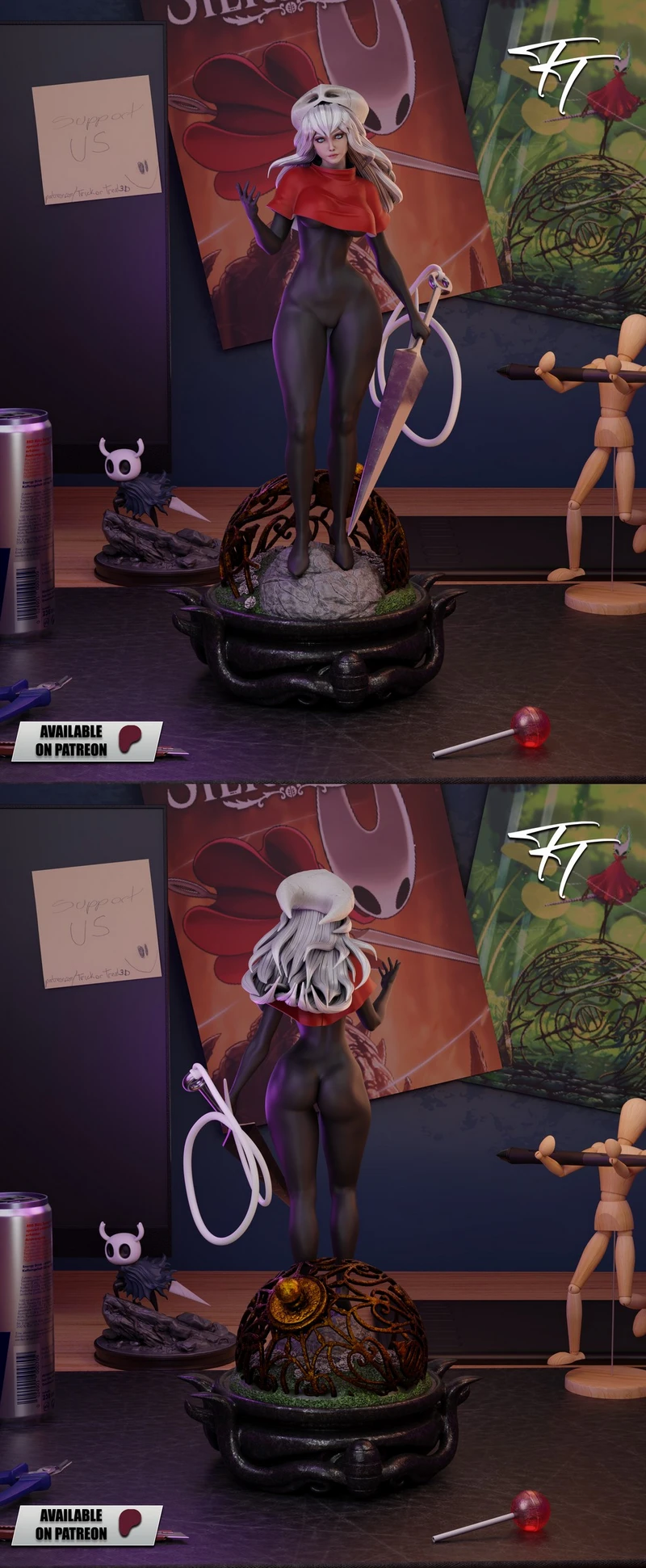Hornet from Hollow Knight figure with red cloak, needle, and display base