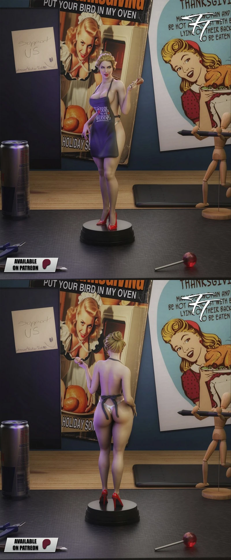 Stylized Thanksgiving-themed pinup figure in a purple apron on a round base
