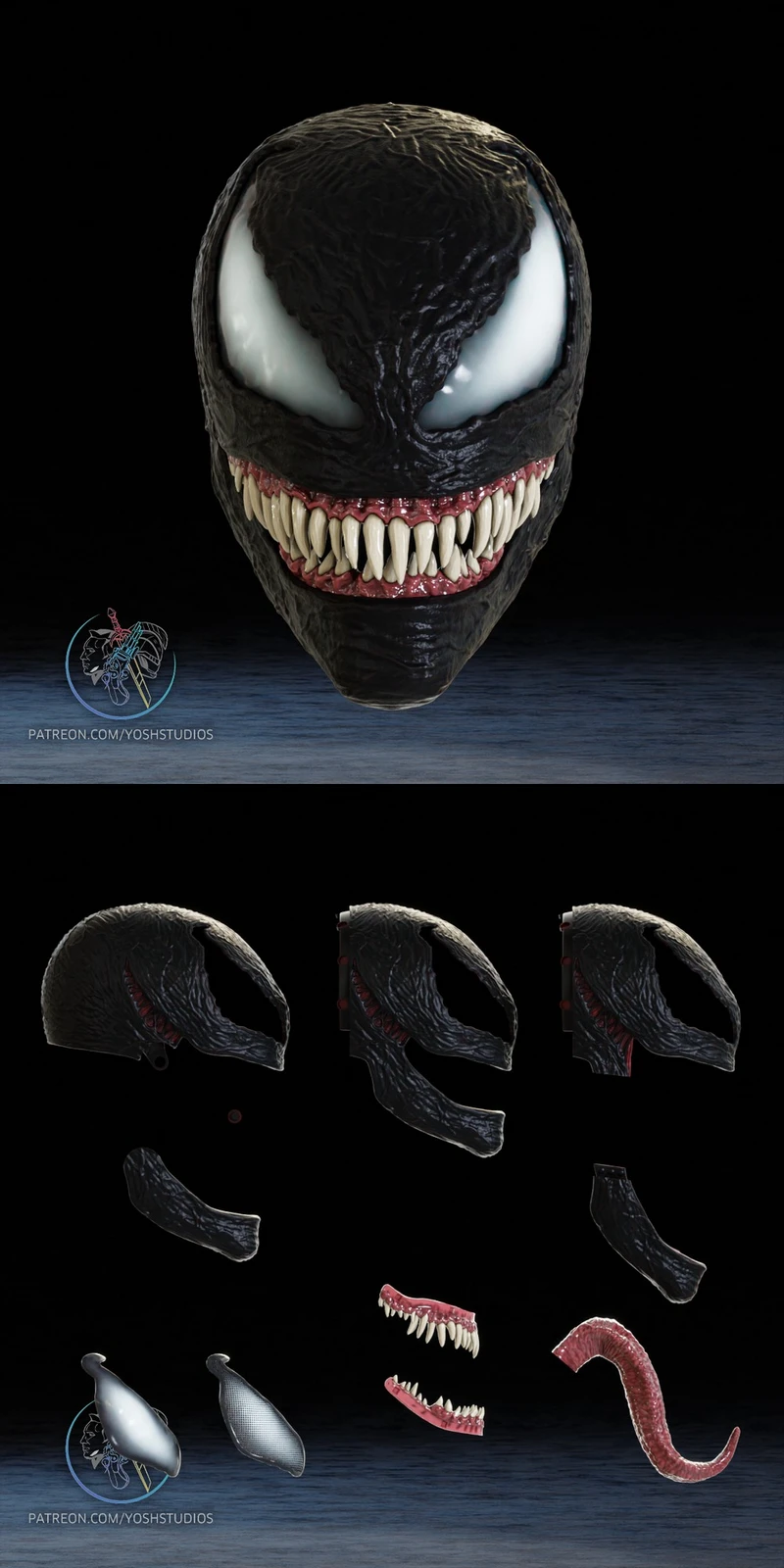 Venom movie mask with white eyes, sharp teeth, and black symbiote texture