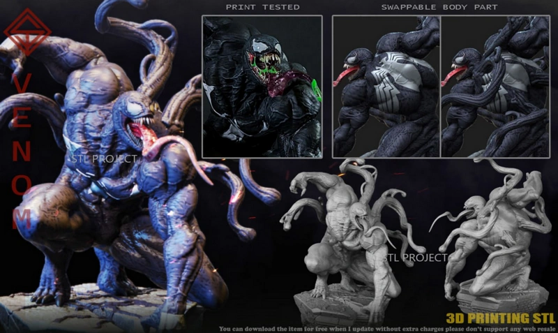 Venom symbiote statue with tendrils, sharp teeth, and a crouching pose