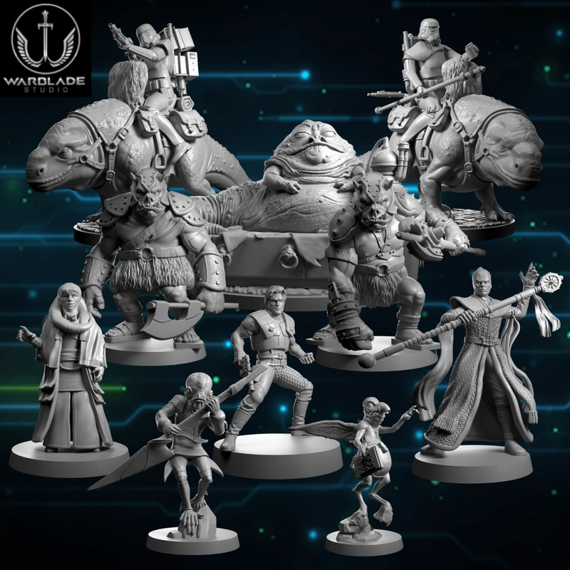 Warblade tabletop miniatures with armored riders, reptilian mounts, goblin-like warriors, and robed figures