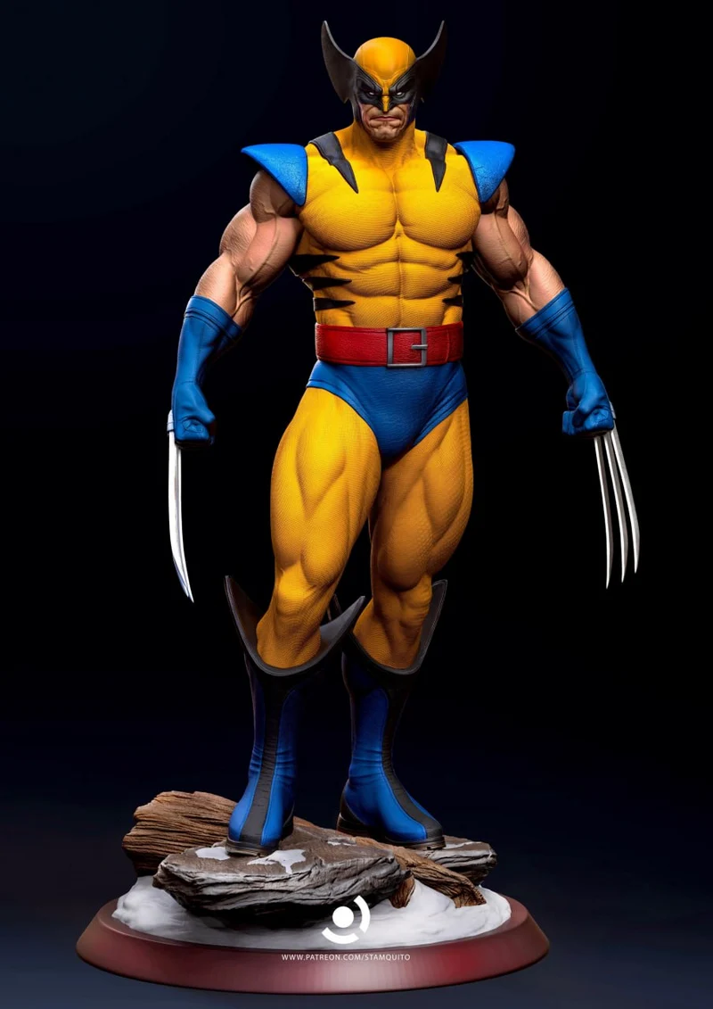 Wolverine statue in yellow and blue costume with claws on a rocky base