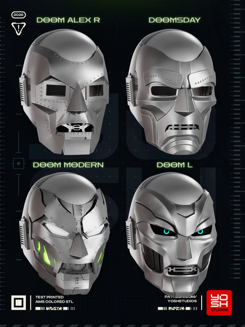 Four futuristic Doctor Doom helmet masks with riveted panels and angular facial details