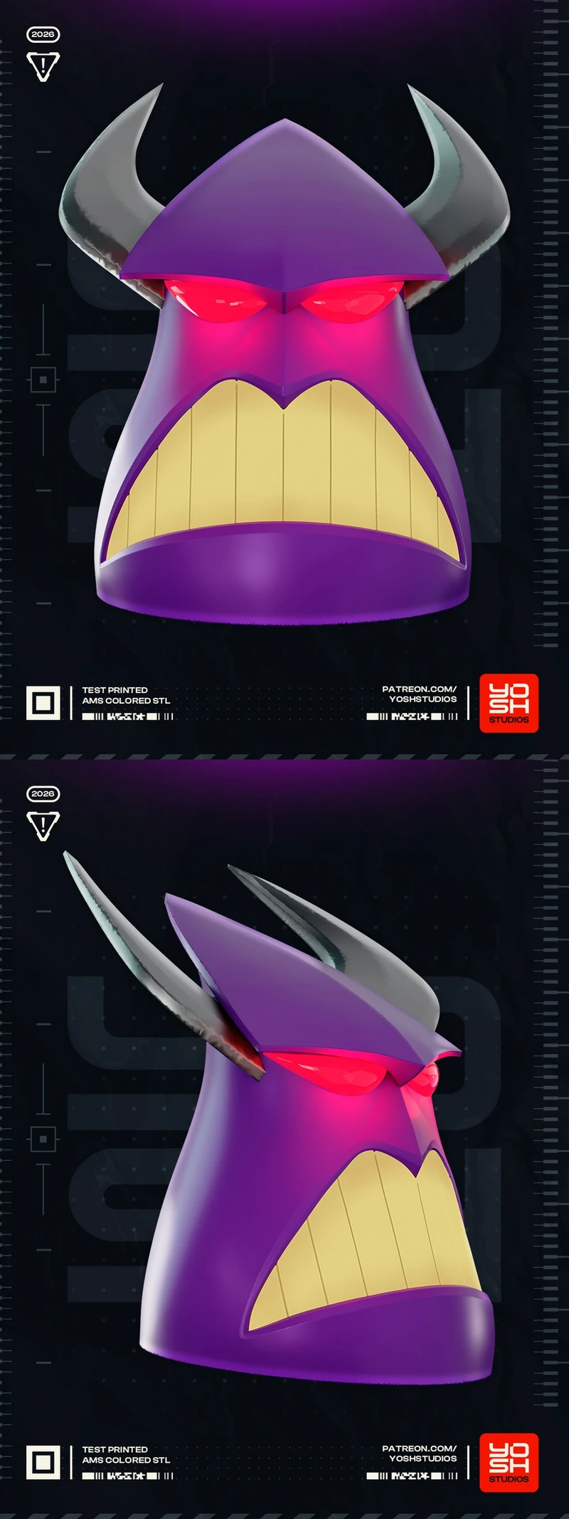 Purple Zurg helmet with horns, red eye shapes, and gold teeth panel