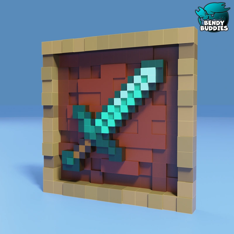 Pixel-style Minecraft diamond sword in a square decorative frame