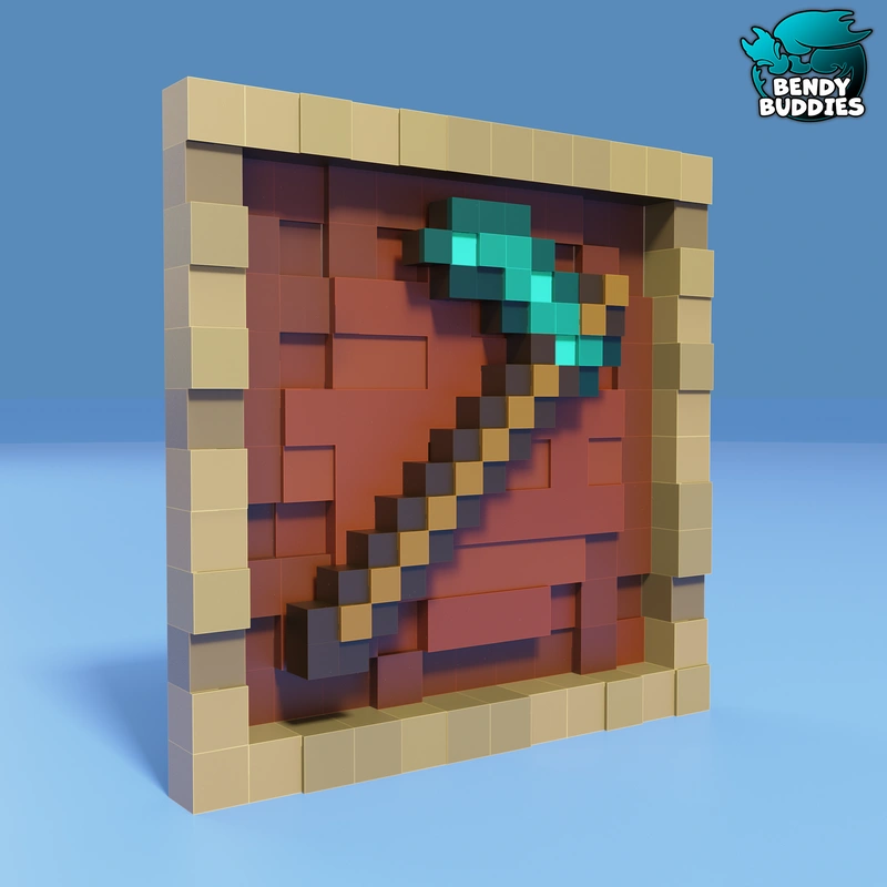 Blocky Minecraft diamond hoe in a tan square wall frame