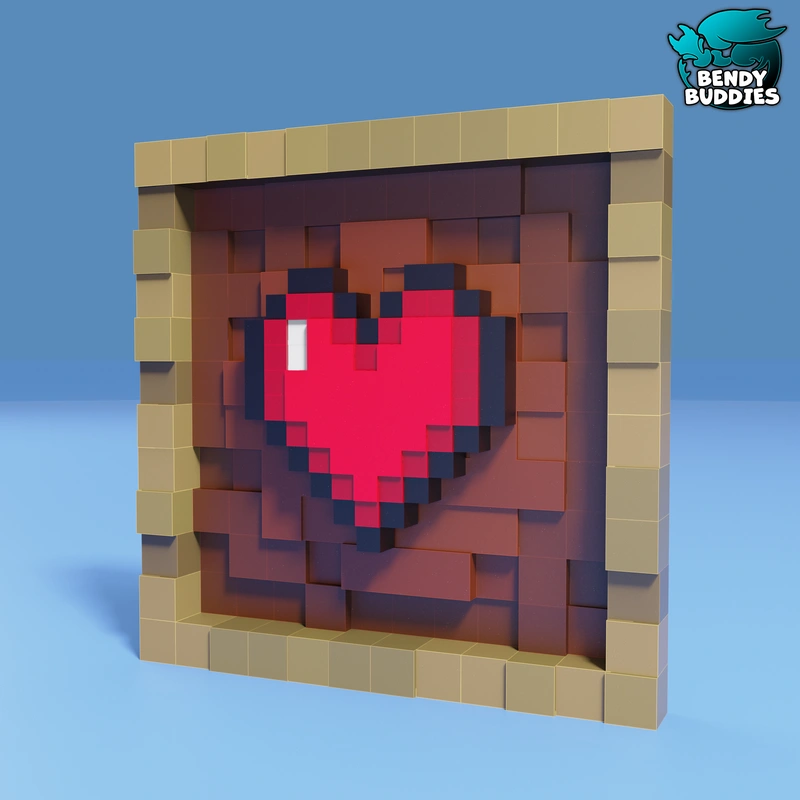 Pixel-style red Minecraft heart in a square block-built frame