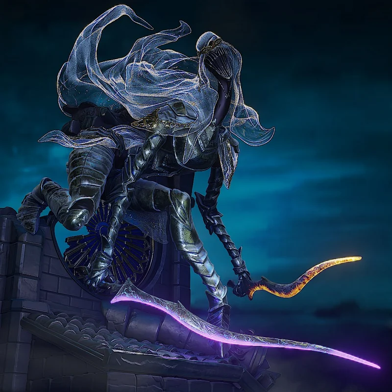 Armored fantasy dancer figure with flowing fabric and curved blades above a rooftop