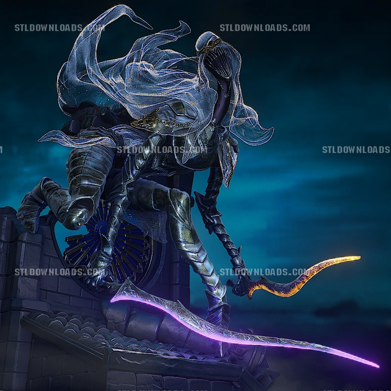 Masked armored Dancer original character with flowing fabric and curved blades