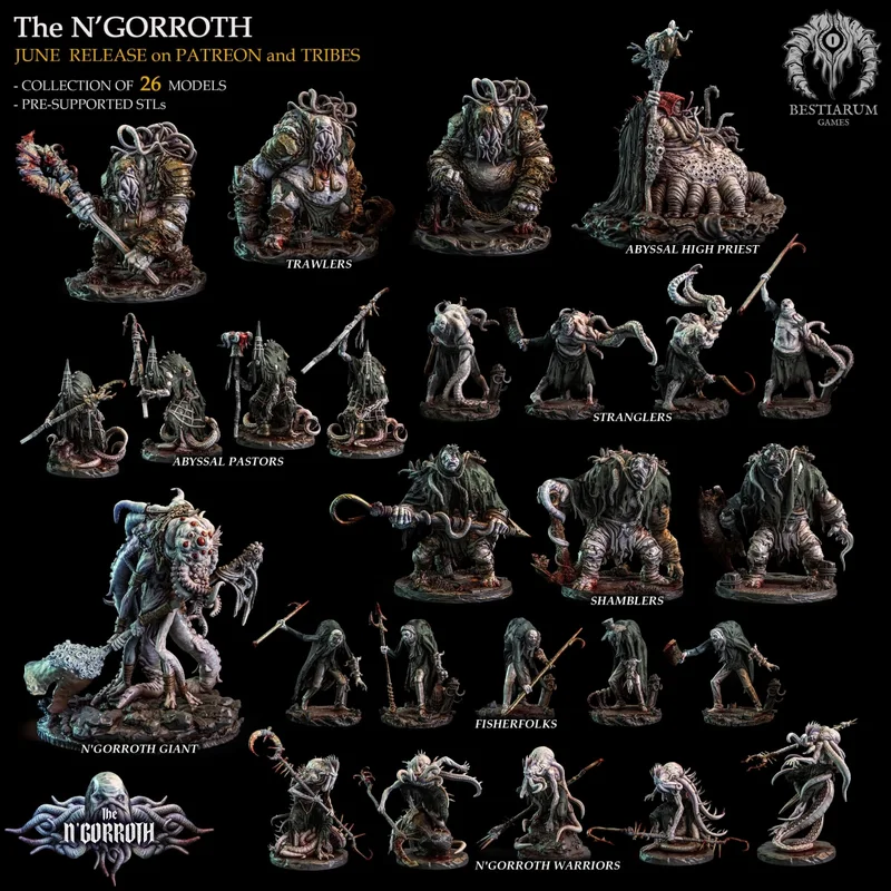 N'Gorroth Bestiarum fantasy tabletop miniatures with tentacles, staffs, and grotesque abyssal forms