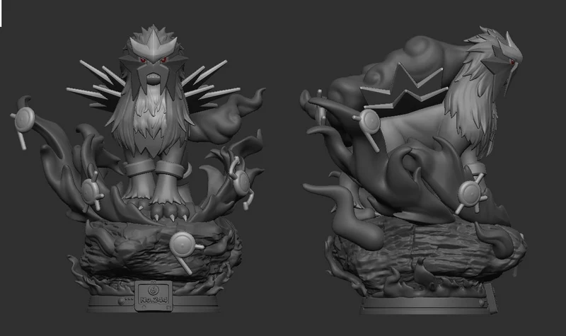 Entei Pokémon figure with a spiked mane, flame-like forms, and a rocky display base