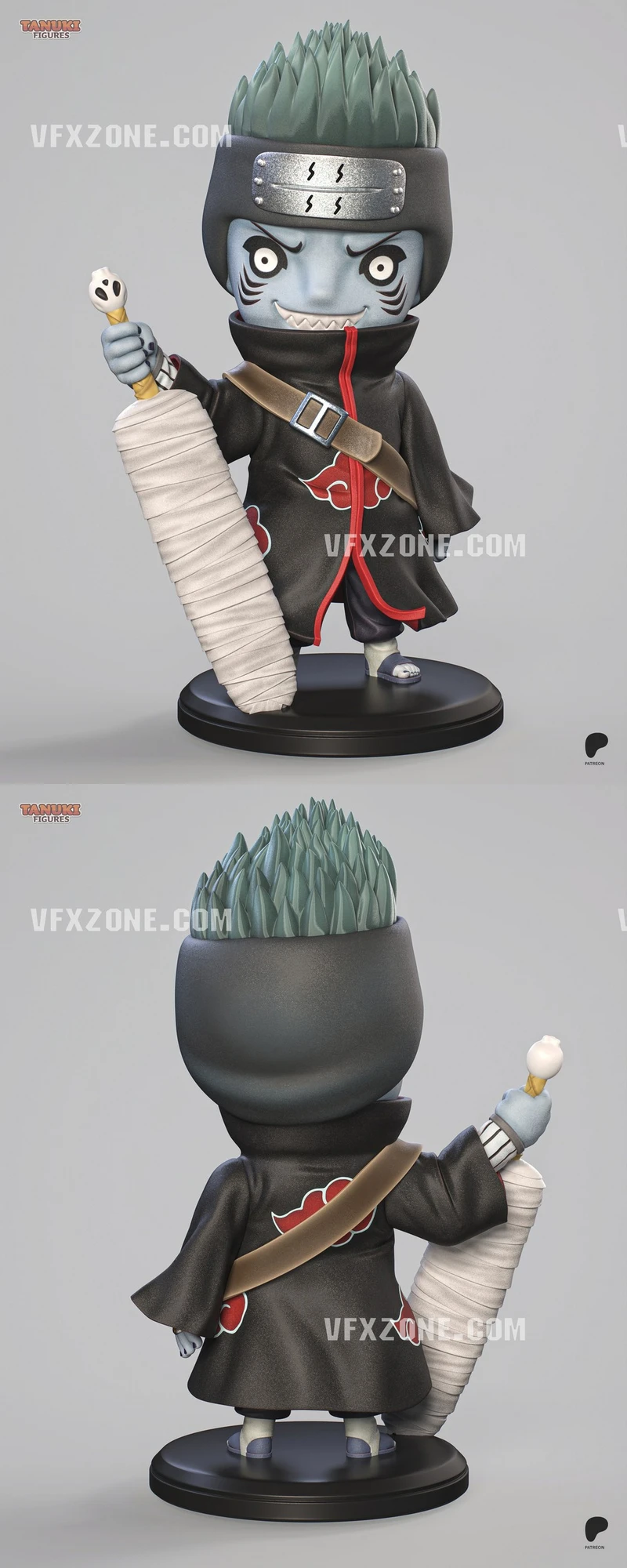 Chibi Kisame Hoshigaki figure in an Akatsuki cloak holding a large bandage-wrapped sword on a base.