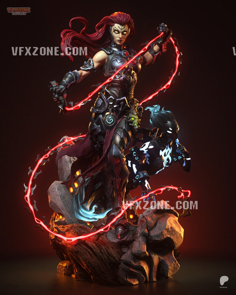 Fury from Darksiders III with red energy whips and a spectral companion