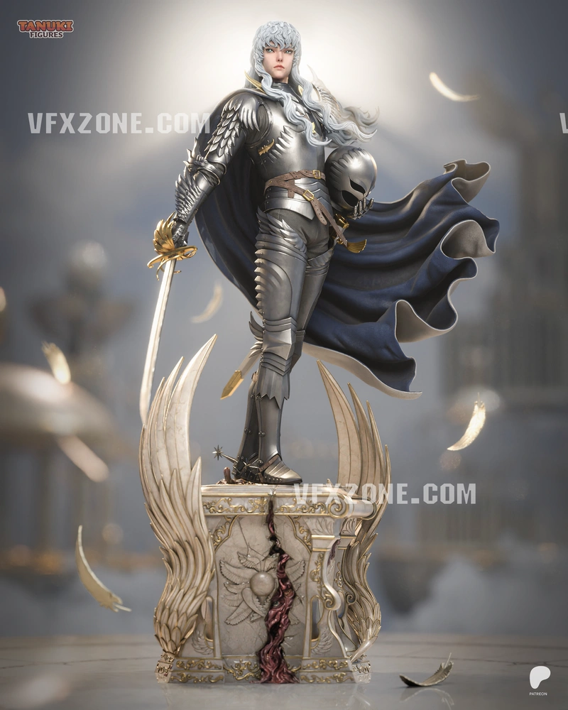 Griffith from Berserk in dark armor with sword, flowing cape, silver hair, and ornate winged pedestal