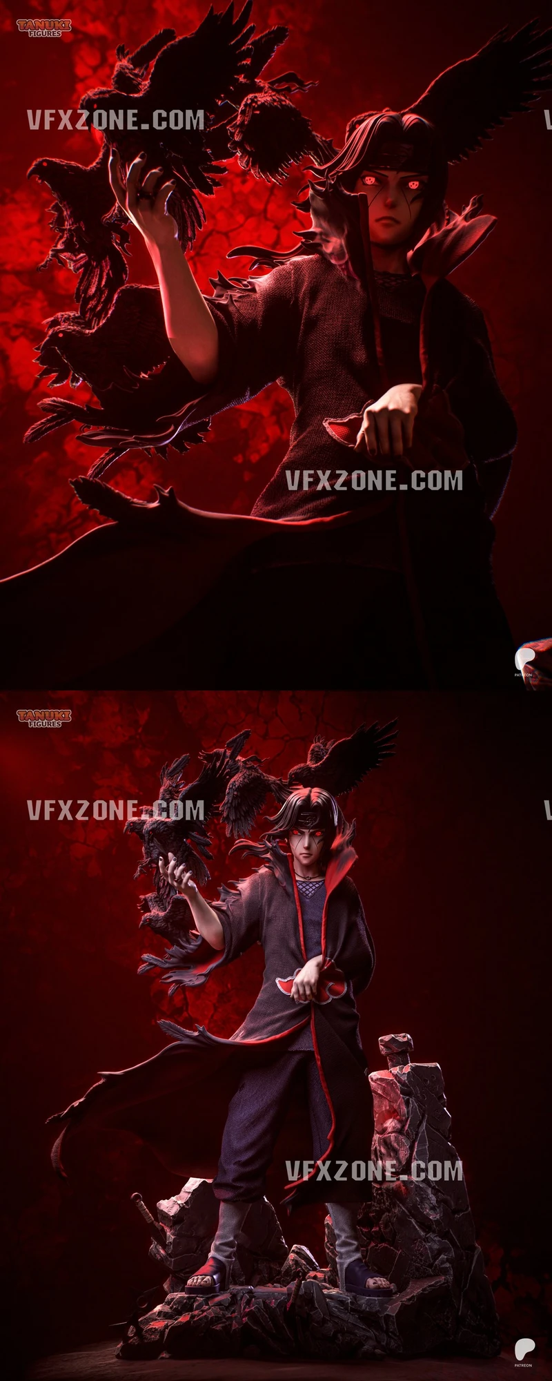 Itachi Uchiha Naruto figure with black crows on a rocky base