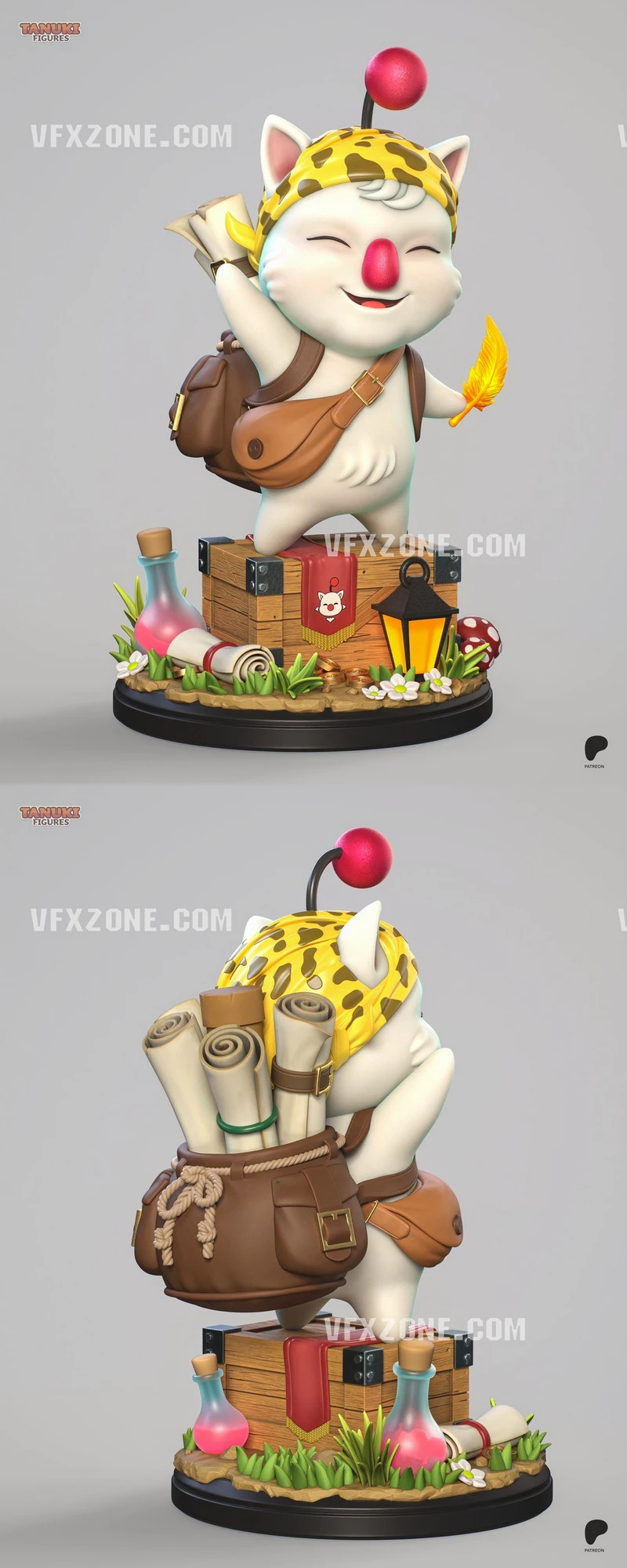 Final Fantasy Moogle figure with travel gear on an adventure-themed display base