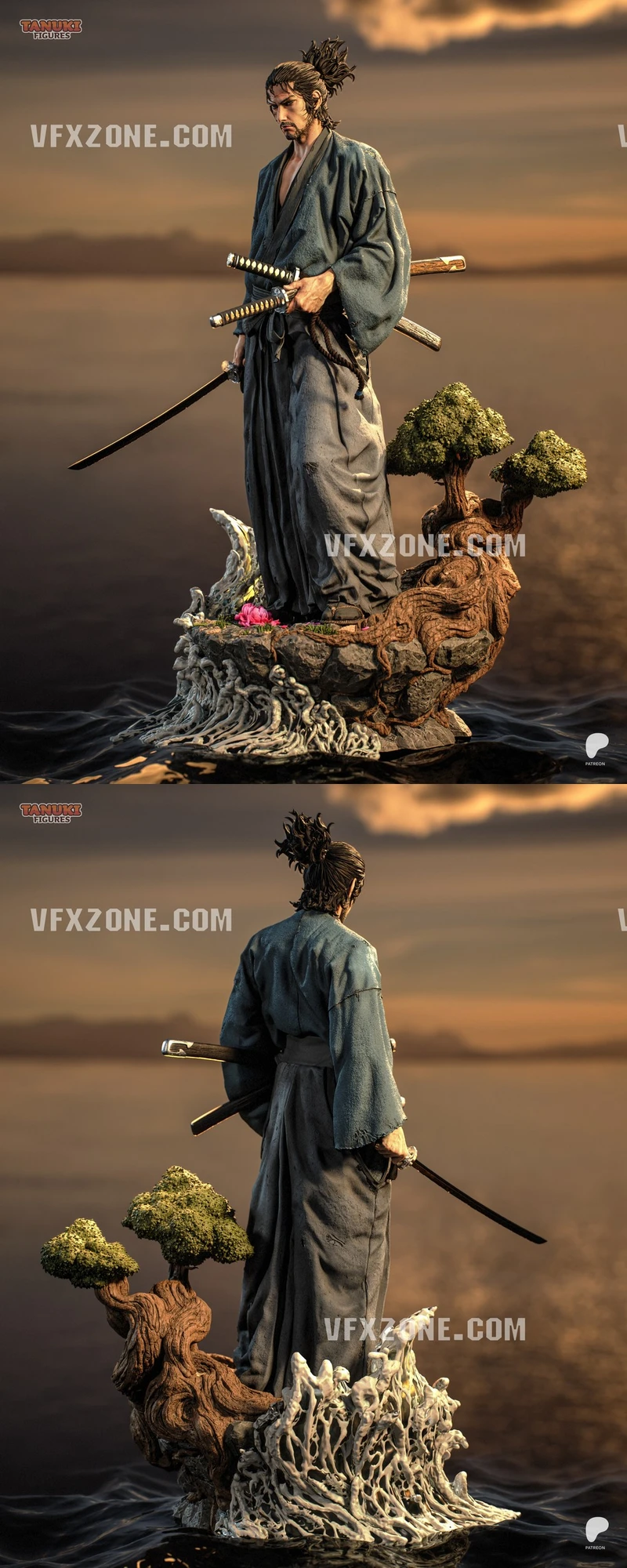 Musashi Fate samurai figure with swords on a tree and wave display base