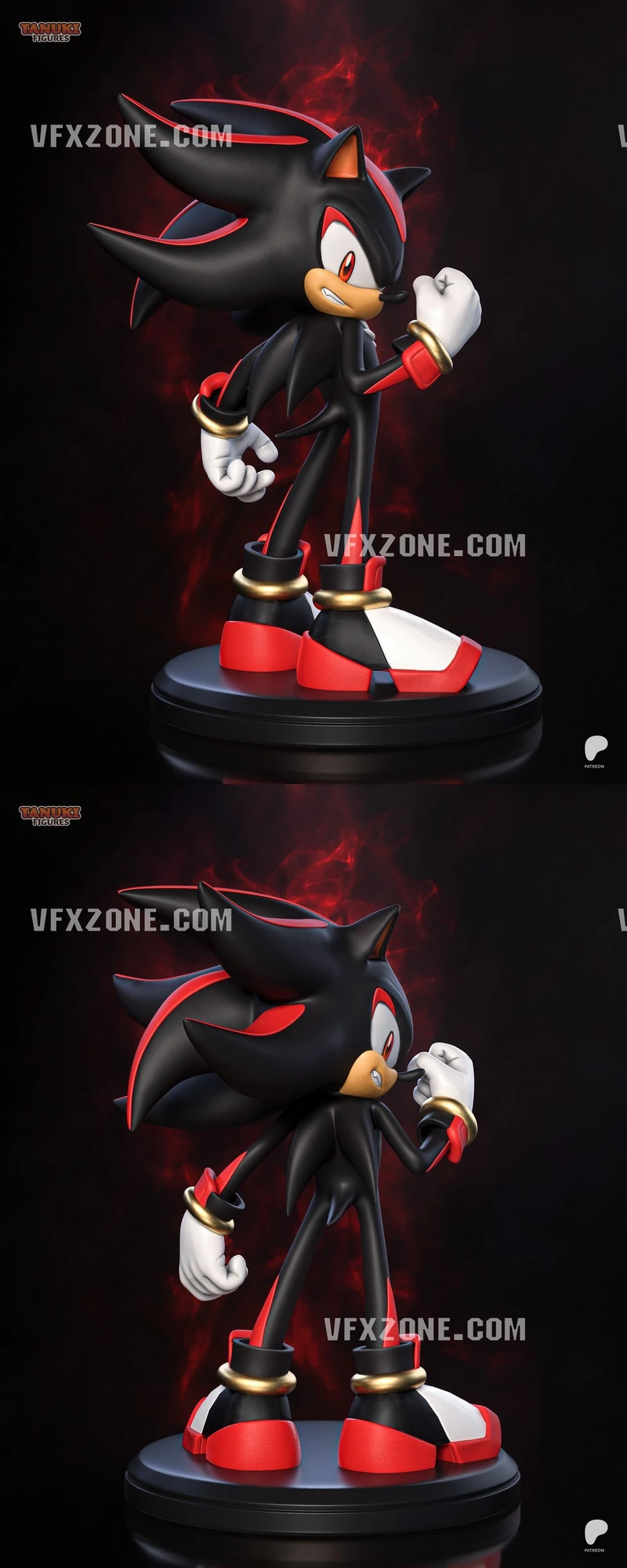 Black-and-red hedgehog character figure with white gloves on a round display base