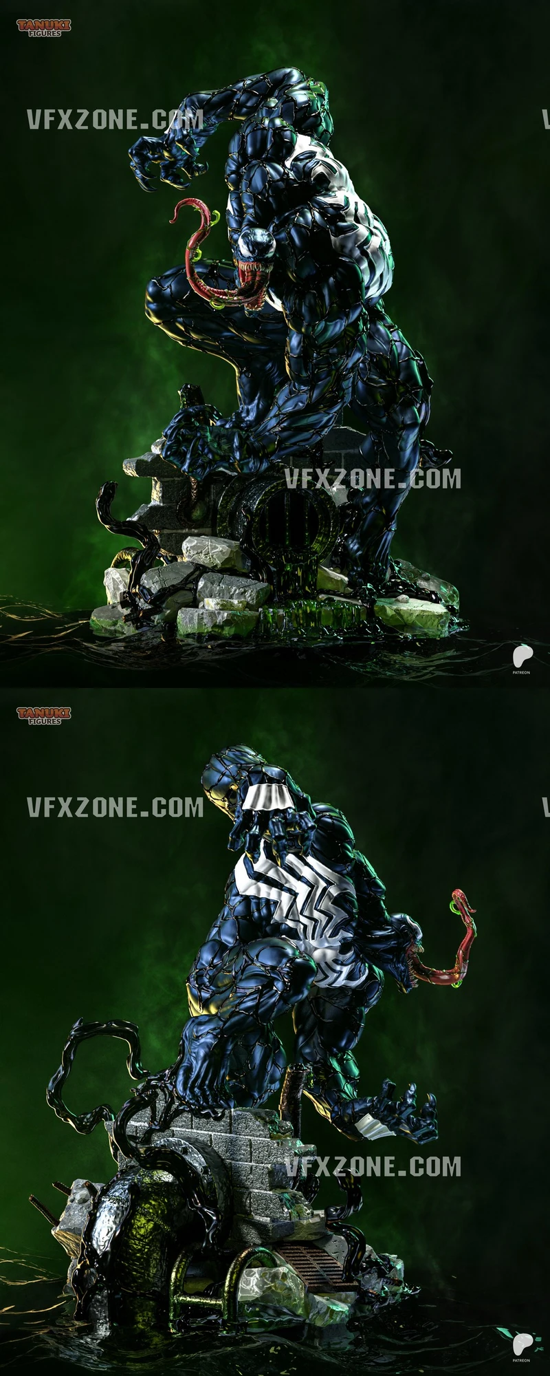 Venom symbiote figure crouching on a rocky sewer-themed display base