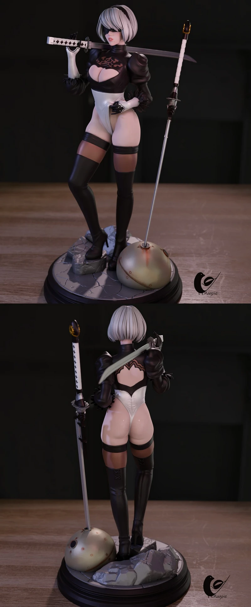 2B from NieR: Automata with katanas on a themed display base