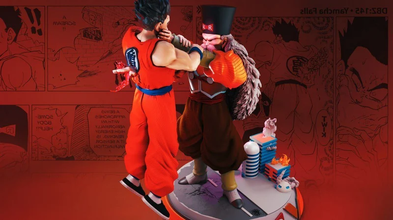 Dr. Gero restraining Yamcha in a Dragon Ball character diorama