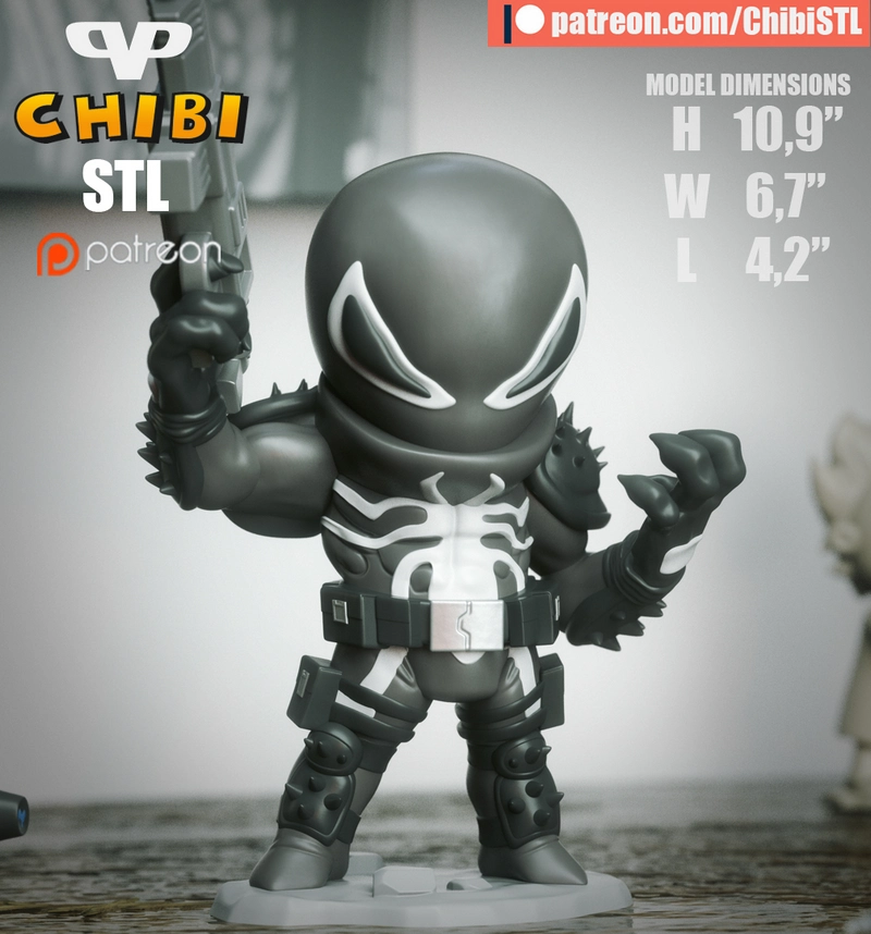 Agent Venom chibi figure with white markings, armor, weapon, and display base