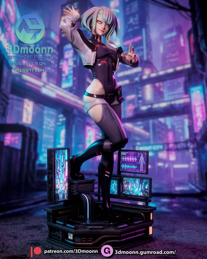 Lucy from Cyberpunk: Edgerunners in a futuristic outfit on a tech display base