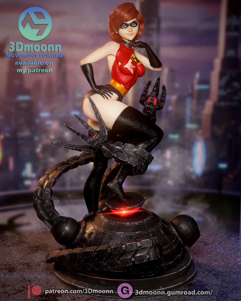 Elastigirl statue from The Incredibles on a detailed mechanical base