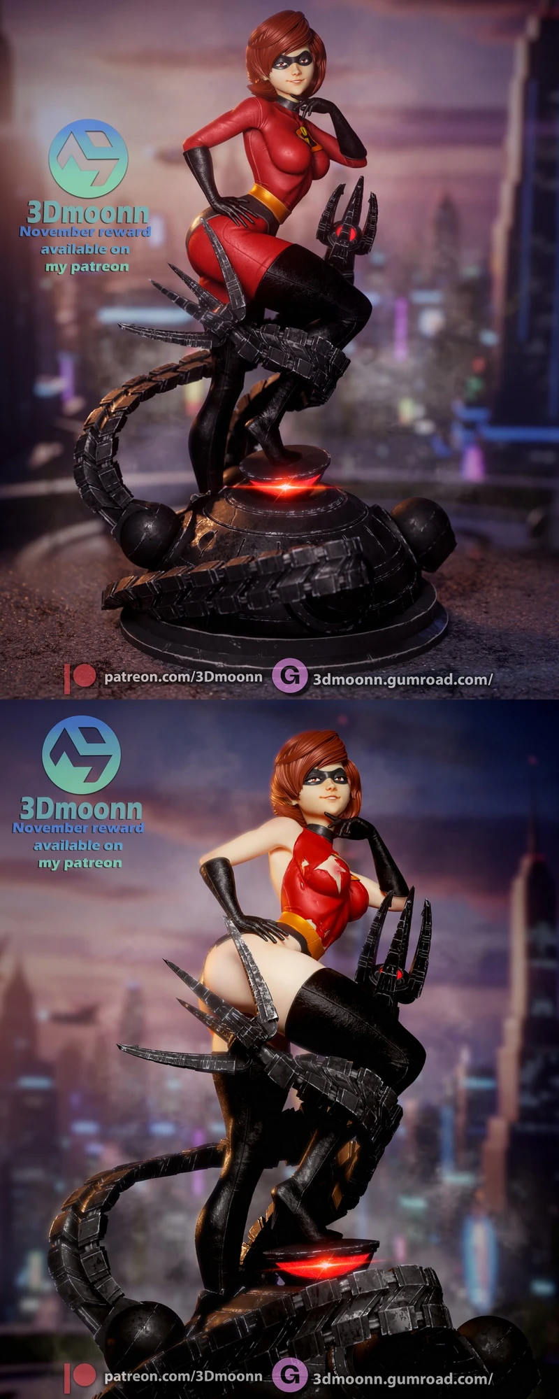 Elastigirl fan-art figure in a red suit on a mechanical clawed base