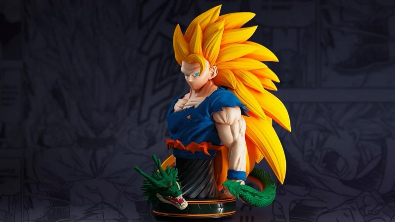 Goku SSJ3 Dragon Ball bust with golden hair and a green dragon detail