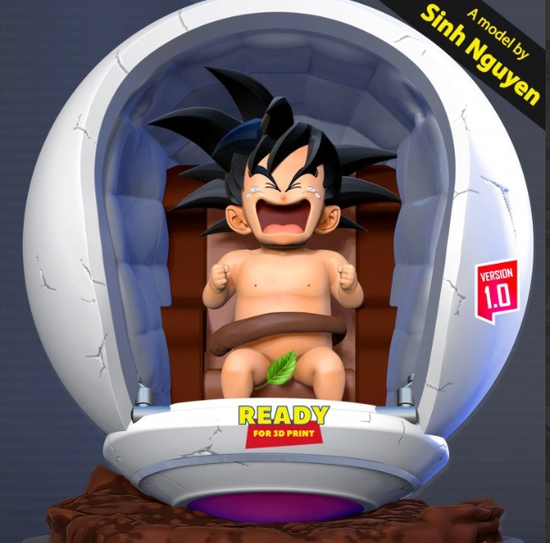 Baby Goku laughing inside a cracked white capsule display