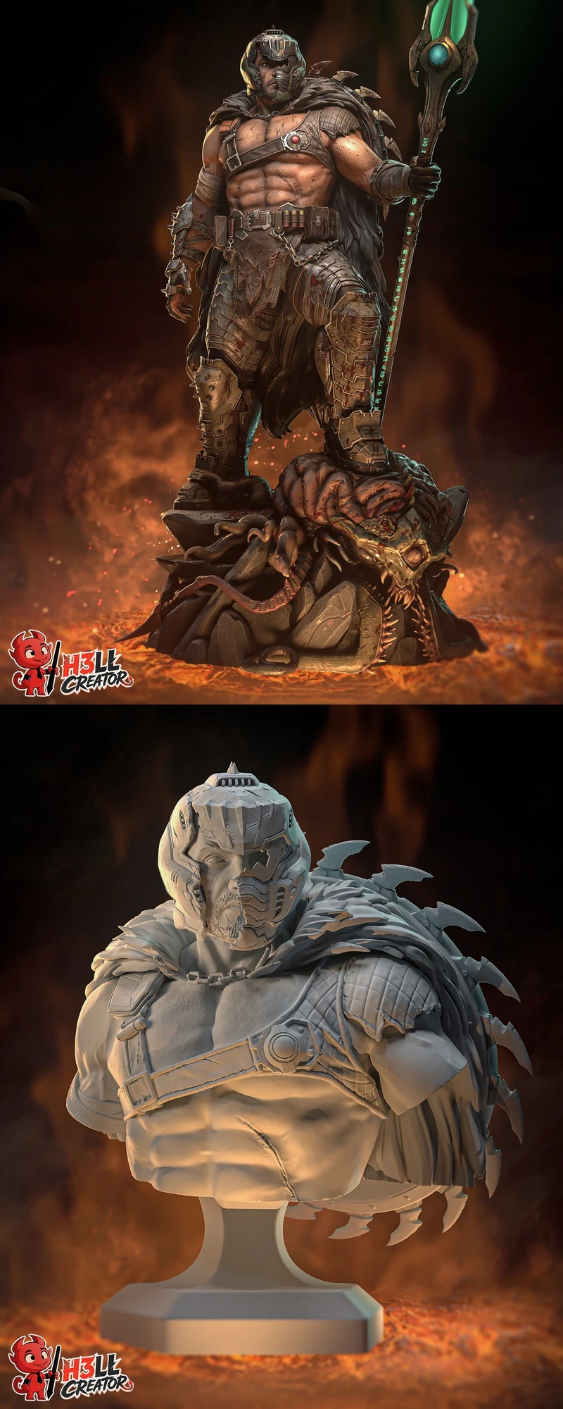 Doom Slayer statue with staff standing on a demonic creature base