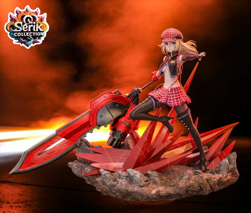 Alisa Amiella God Eater figure with a large red weapon on a rocky base