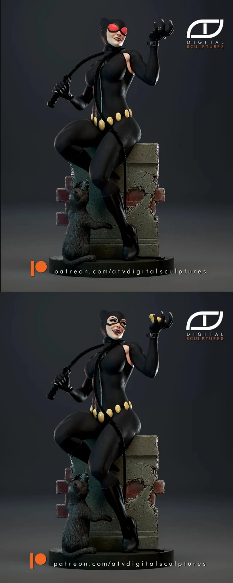Catwoman statue in a black catsuit with whip, cat companion, and masonry base