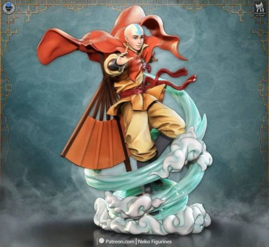 Aang character statue with staff, red cape and swirling air effects