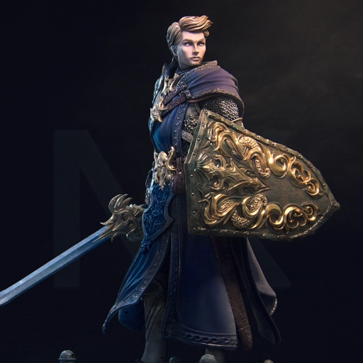 Aaron fantasy character statue with sword, ornate shield, armor, and flowing cloak