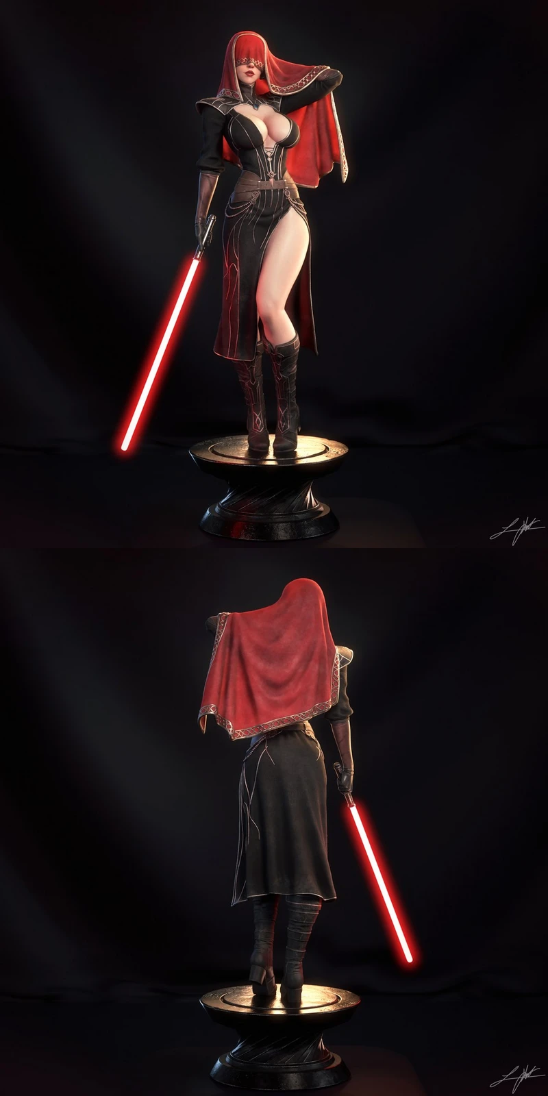 Visas Marr-inspired hooded character statue with a red lightsaber