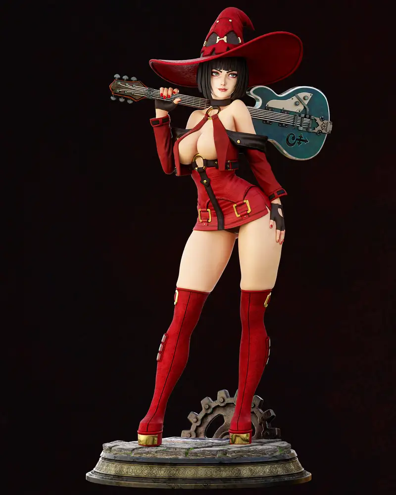 I-No from Guilty Gear in a red witch outfit holding a guitar on a decorative base