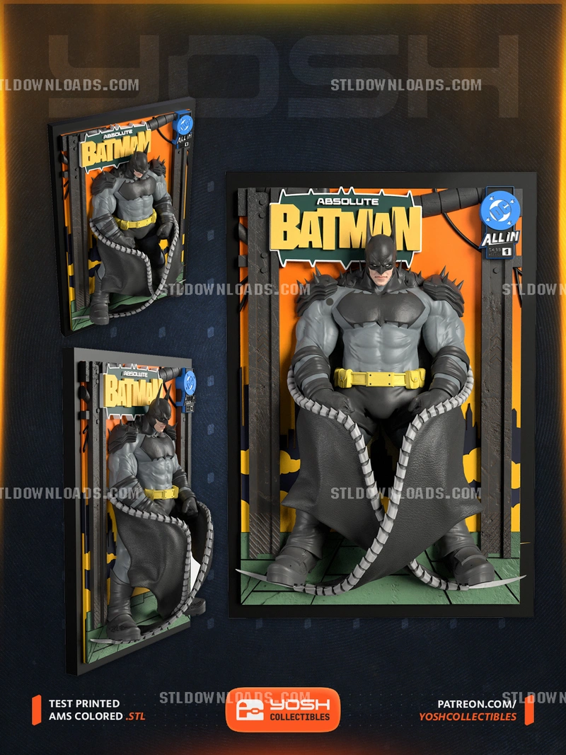 Absolute Batman figure in a framed comic-style display with cape and yellow utility belt