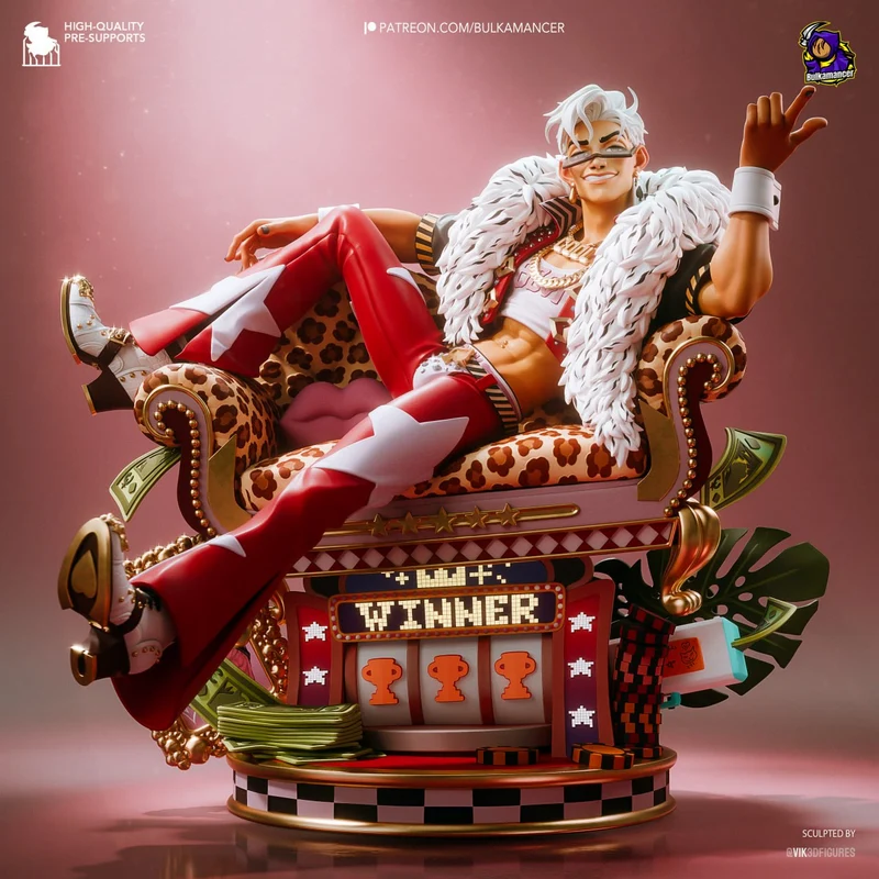 Reclining anime character in a feathered coat on a casino-themed throne