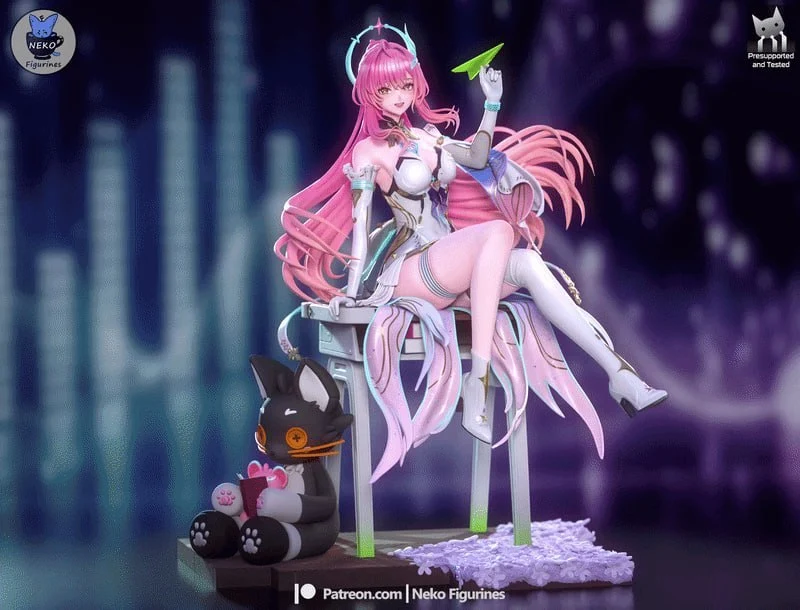 Aemeath seated with flowing pink hair, a green paper plane, and a black cat companion