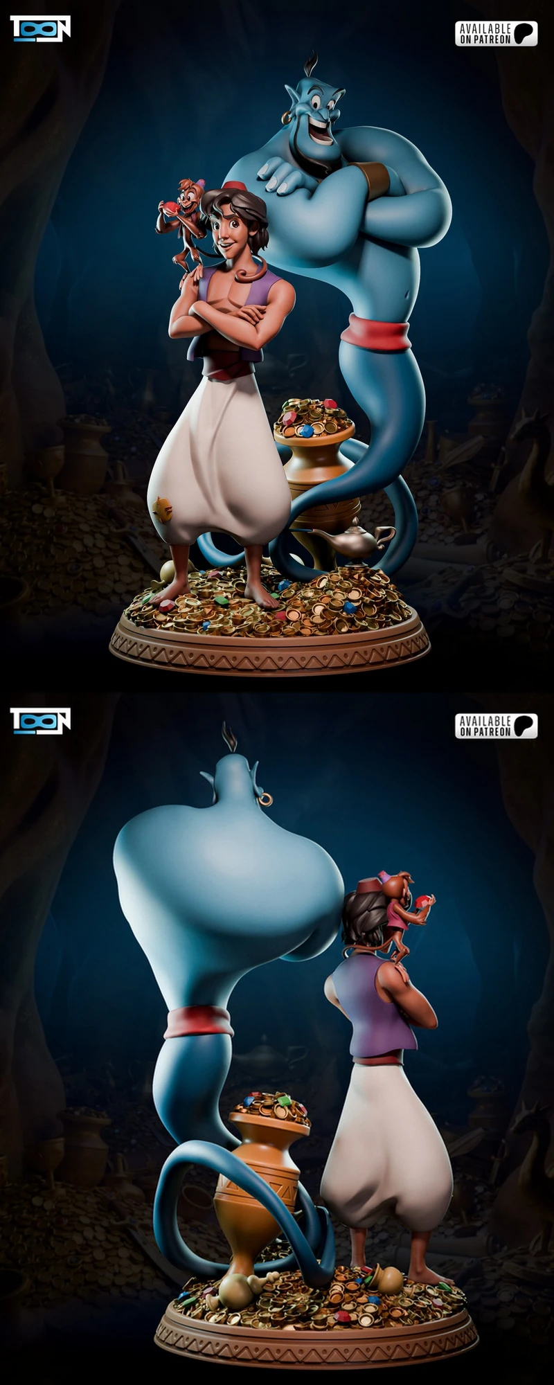 Aladdin, Genie, Abu, and the magic lamp in a treasure-themed statue