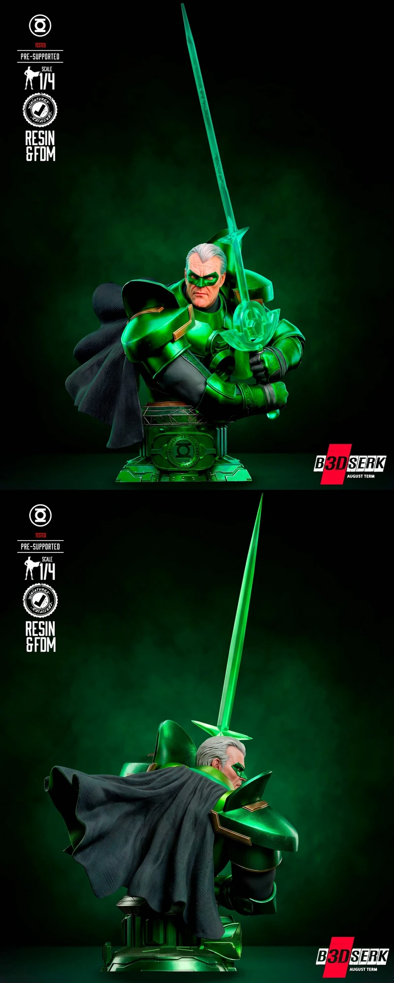 Alan Scott Green Lantern bust with green armor, black cape, sword, and display base