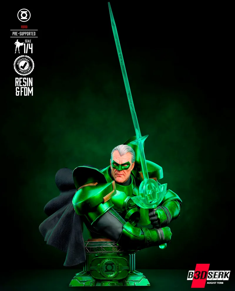 Alan Scott Green Lantern bust with armored torso, cape, power ring emblem, and energy sword