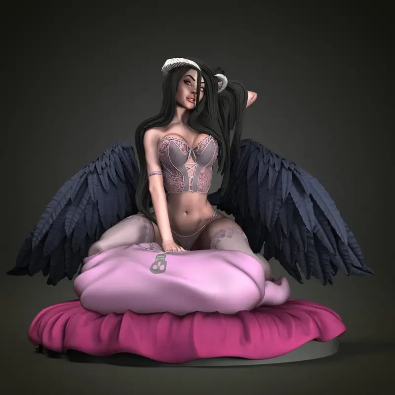 Seated winged female fantasy figure with dark wings, horns, and pink cushions