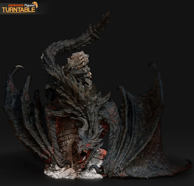 Alduin Skyrim dragon bust with spread wings, horns, scales, and glowing red eyes
